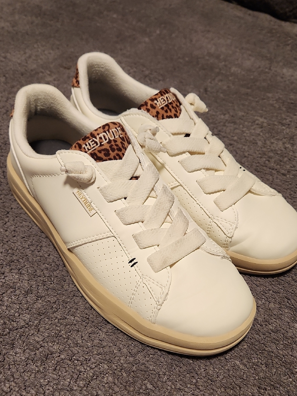 Hey Dude White Sneakers with Leopard Tongue Accent